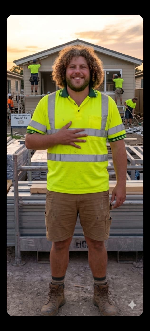 Nathan on a Born to Build granny flat at frame stage